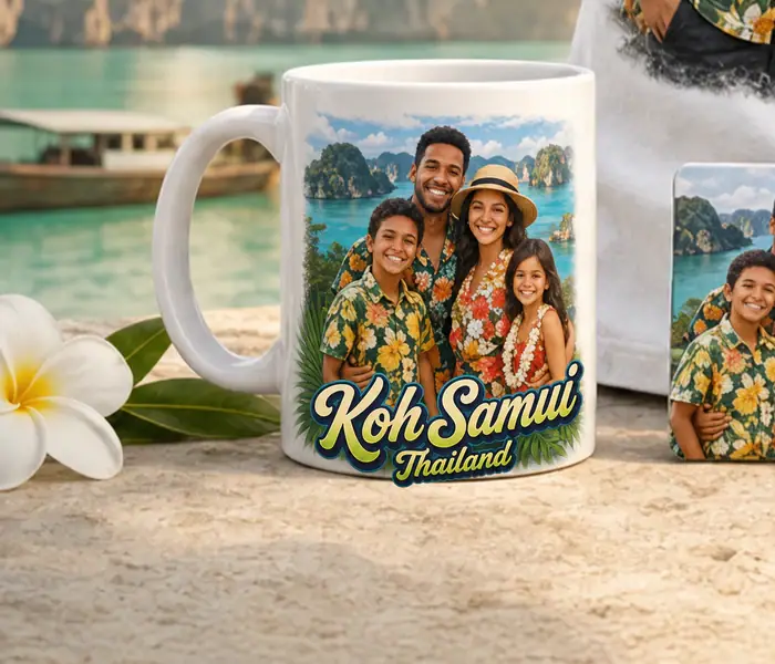 Custom printed mug with Koh Samui Thailand AI portrait