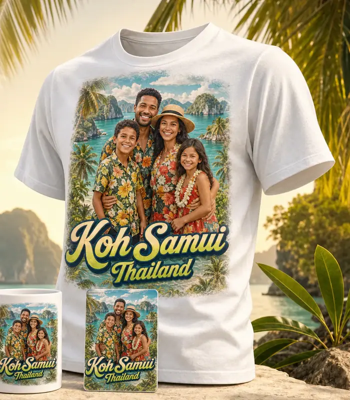 Custom printed T-shirt with Koh Samui Thailand AI portrait